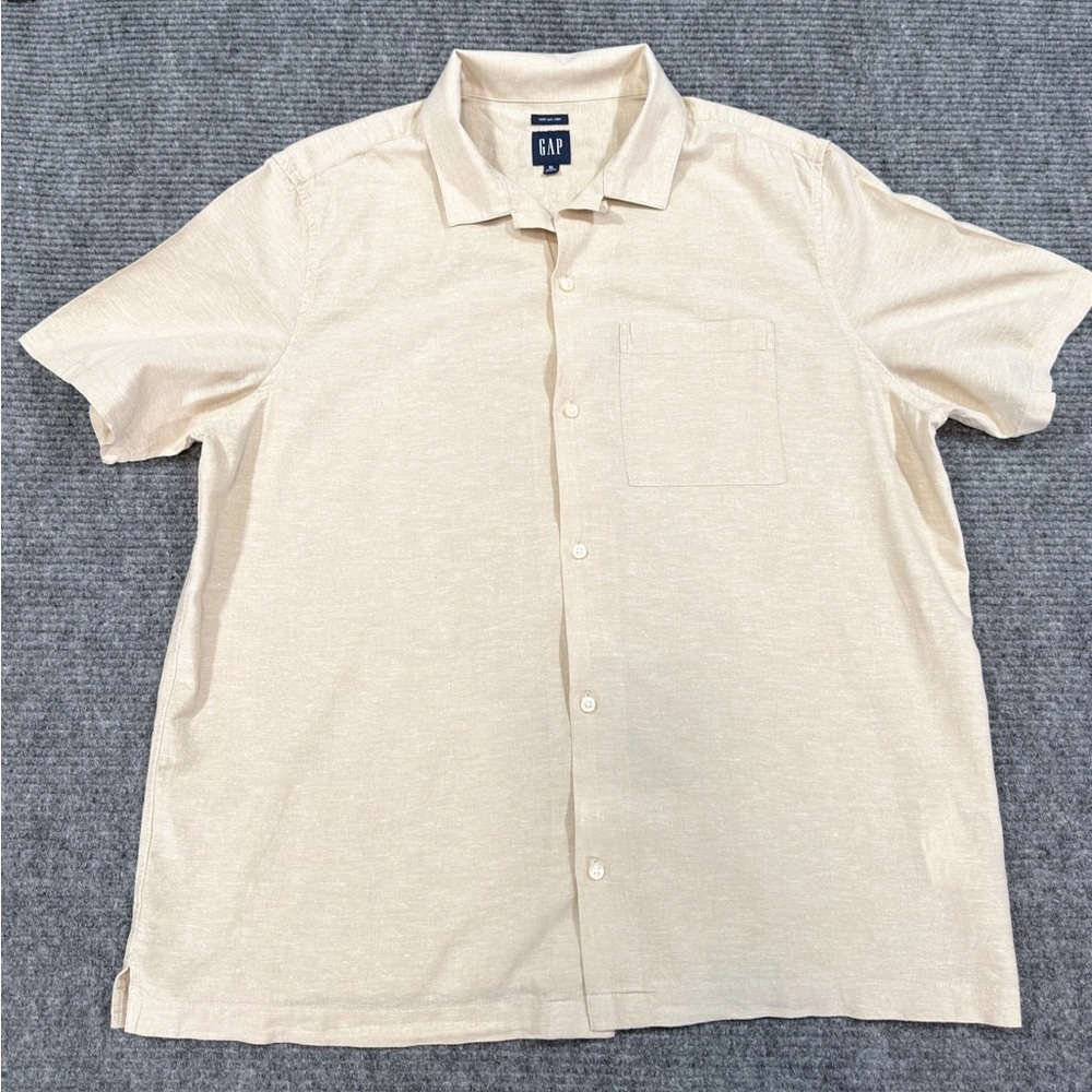 GAP Mens XL Short Sleeve Linen Cotton Button Down Shirt Oatmeal Beige (A1/043)
